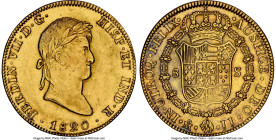 Ferdinand VII gold 8 Escudos 1820 Mo-JJ MS61 NGC, Mexico City mint, KM161, Cal-1799, Onza-1271. Glassy in appearance with honey-gold surfaces fanning ...