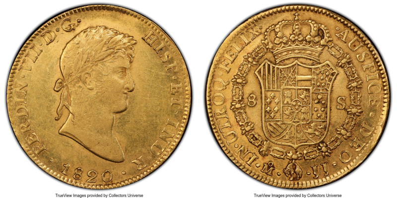 Ferdinand VII gold 8 Escudos 1820 Mo-JJ AU55 PCGS, Mexico City mint, KM161, Cal-...