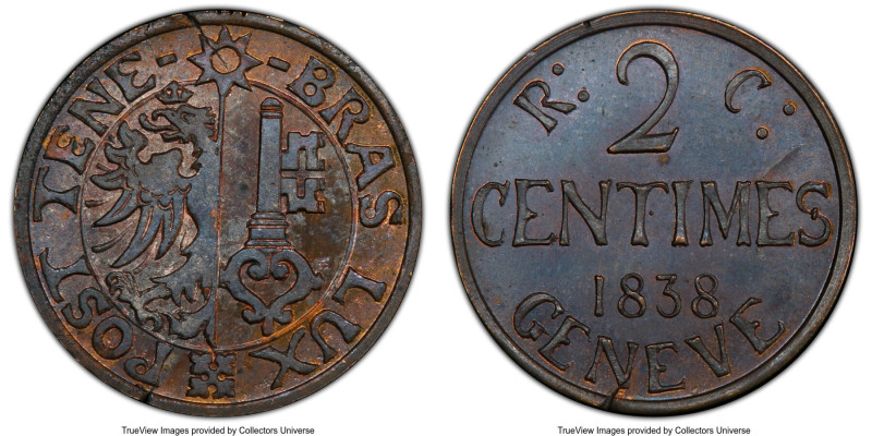 Geneva. Canton copper Specimen Pattern 2 Centimes 1838 SP64 Brown PCGS, KM-Pn10,...