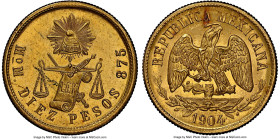 Republic gold 10 Pesos 1904 Mo-M MS63 NGC, KM413.7, Fr-128. Mintage: 694. Admitting minor blemishes on the obverse and reverse, this extraordinarily s...