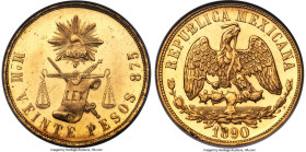 Republic gold 20 Pesos 1890 Mo-M MS63 Prooflike NGC, Mexico City mint, KM414.6, Fr-119. Mintage: 7,852. A scintillating Choice Mint State representati...