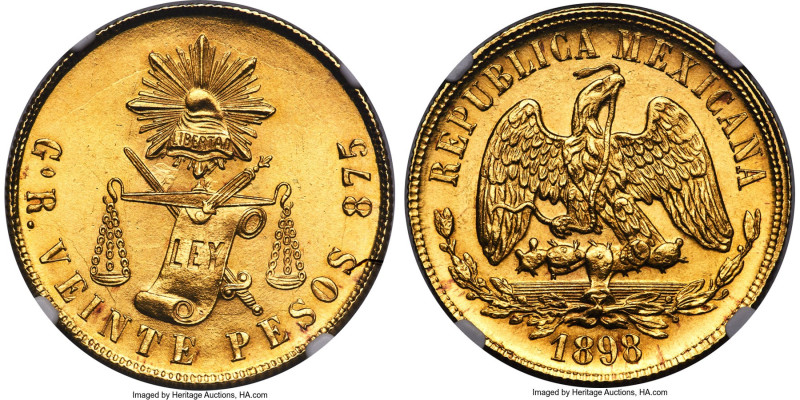 Republic gold 20 Pesos 1898 Go-R MS64 NGC, Guanajuato mint, KM414.4. Mintage: 7,...