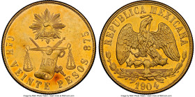 Republic gold 20 Pesos 1904 Cn-H MS61 NGC, Culiacan mint, KM414.2. Fewer than 5,000 struck. A blemish on the obverse hardly detracts from this aesthet...