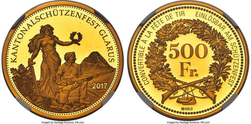 Confederation gold Proof "Glarus Shooting Festival" 500 Francs 2017 PR70 Ultra C...