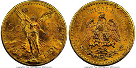 Estados Unidos gold 50 Pesos 1921 MS63+ NGC, Mexico City mint, KM481, Fr-172. A shimmering, lustrous example with the only blemish a small dig around ...