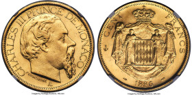 Charles III gold 100 Francs 1886-A MS62 NGC, Paris mint, KM99, Fr-11. Exhibiting no weakness on the devices, this is a fine example for the designated...