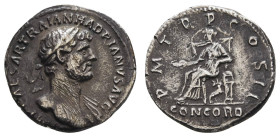Römer Kaiserzeit
Hadrianus 117-138 AR Denar o.J. Av.: IMP CAES TRAIAN HADRIANVS AVG, sein belorbeertes Hauot nach rechts, Rv.: CONCORD P M TR P COS I...