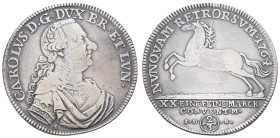 bis 1799 Braunschweig-Wolfenbüttel
Carl I., 1735-1780 2/3 Taler = Gulden 1764 Braunschweig Av.: Büste nach rechts, Rv.: Ross über Wert nach links spr...