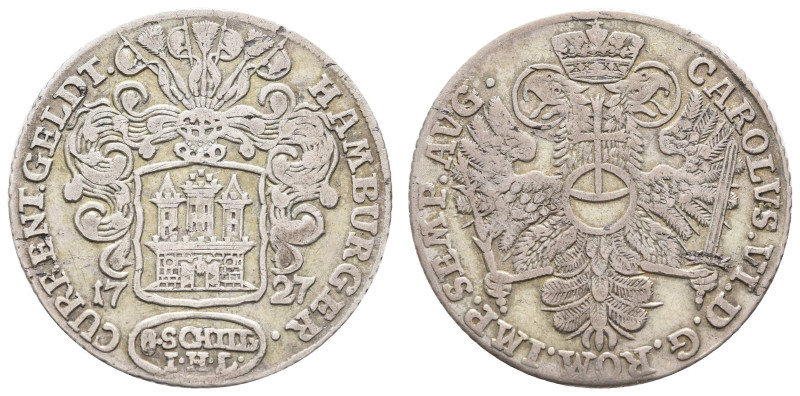 bis 1799 Hamburg
Stadt 8 Schilling 1727 mit Titel Karl VI., Riffelrand Gaed. 71...