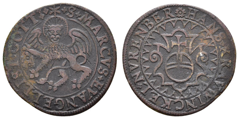 bis 1799 Nürnberg
Stadt Ku-Pfennig von Hans Krauwinkel, Av.: S MARKVS EVANGELIS...