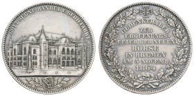 1800 bis 1871 Bremen
Stadt Taler 1864 Hannover auf die Eröffnung der Neuen Börse, nur 5.000 Exemplare geprägt, glatter Rand, berieben, schön getönt A...