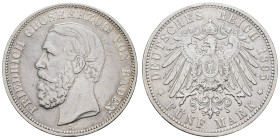 Kaiserreich Silbermünzen Baden
Friedrich I. 1856-1907 5 M 1895 G Etwas berieben, kl. Randfehler. J 29 27.76 g. ss