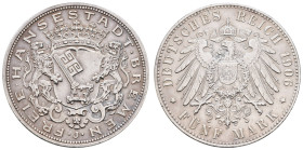 Kaiserreich Silbermünzen Bremen
Stadt 5 M 1906 J Münzrand leicht unruhig. J 60 27.70 g. ss- vz