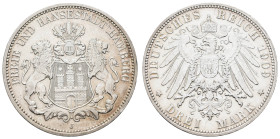 Kaiserreich Silbermünzen Hamburg
Stadt 3 M 1909 J kleinere Kratzer im Feld, sehr schöne Patina. Jaeger 64 16.67 g. ss-vz