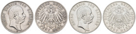 Kaiserreich Silbermünzen Sachsen
Georg 1902-1904 Lot 2x 5 M 1903 Muldenhutten Lot: 2x 5 Mark in den Erhaltungen s+ (27,75 g) und ss (27,76 g). Av.: G...