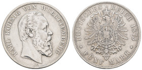 Kaiserreich Silbermünzen Württemberg
Karl 1864-1891 5 M 1875 Darmstadt Av.: KARL KOENIG VON WUERTTEMBERG. Bebartete Büste nach rechts, darunter "F". ...