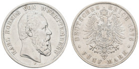 Kaiserreich Silbermünzen Württemberg
Karl 1864-1891 5 M 1876 Darmstadt Av.: KARL KOENIG VON WUERTTEMBERG. Bebartete Büste nach rechts, darunter "F". ...