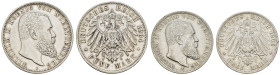 Kaiserreich Silbermünzen Württemberg
Wilhelm II. 1891-1918 5 M 1904 F kleine Kratzer und Rf., vz-, dazu 3 Mark 1909 F, Kratzer und Rf., ss Jaeger 176...