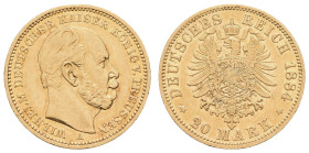 Kaiserreich Goldmünzen Preußen
Wilhelm I. 1861-1888 20 M 1884 A GOLD. Wilhelm I., Av: berieben, Kratzer. Rv: winzigste Kratzer, vereinzelt Reinigungs...