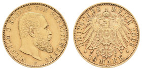 Kaiserreich Goldmünzen Württemberg
Wilhelm II., 1891-1918 10 M 1896 F Av kleine Kratzer, minimalst berieben, rv keine sichtbaren Kratzer, Adlerklauen...