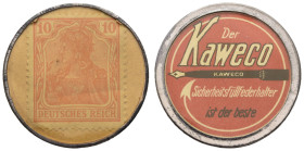 Notgeldmünzen 1914-1923 Briefmarkenkapselgeld
 10 Pfennig Germania, Fa. Kaweco(Wiesloch), o.J.,Transparente Kunststoffhülle in Metallrand, Rv: Der Ka...