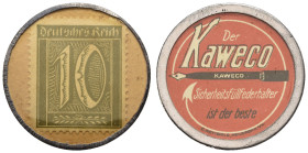 Notgeldmünzen 1914-1923 Briefmarkenkapselgeld
 10 Pfennig Ziffer, Fa. Kaweco(Wiesloch), o.J.,Transparente Kunststoffhülle in Metallrand, Rv: Der Kave...