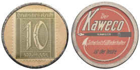 Notgeldmünzen 1914-1923 Briefmarkenkapselgeld
 10 Pfennig Ziffer, Fa. Kaweco(Wiesloch), o.J.,Transparente Kunststoffhülle in Metallrand, Rv: Der Kave...