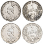 Nebengebiete Deutsch-Ostafrika
Wilhelm II., 1888-1918 1 Rupie 1904 ff. Lot von 2: 1904 A , 11,52 g, sauberes Exemplar. 1911 J, 11,63 g sauberes Exemp...