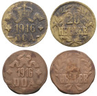 Nebengebiete Deutsch-Ostafrika
Wilhelm II., 1888-1918 20 Heller 1916 T Lot von 2. Messing: 3 Blätter, unvollständiges "L", 11,52 g, übliche Prägequal...