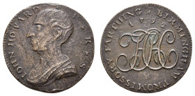 bis 1799 Großbritannien
George III., 1760-1820 Token 1792 Birmingham Av.: IOHN HOWARD · F · R · S, Büste von John Howard, Rv.: BIRMINGHAM PROMISSORY ...