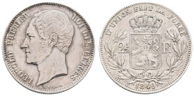 ab 1800 Belgien
Leopold I., 1831-1865 2 ½ Francs 1849 Variante mit großem Kopf. Gut erhaltenes Exemplar mit feiner Tönung. Riffelrand, etwas unruhig....