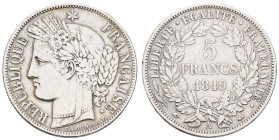 ab 1800 Frankreich
2. Republik 1848-1852 5 Francs 1849 A (Paris) Cérés. Etwas berieben, sonst tadelloses Exemplar. Silber. Gad. 719 24.62 g. fvz