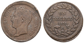 ab 1800 Monaco
Honoré V. 1819-1841 Décime 1838 Var: großer Kopf. Rv etwas dezentriert, ein Zainfehler am Rand. Umlauferhaltung mit klarem Münzbild. A...