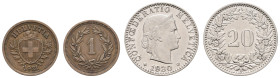 ab 1800 Schweiz
Eidgenossenschaft Lot Rappen 1884-1968, dazu 1781 und 1797 1 Rappen, 1921 (1,500 g), KM 3.2; 5 Rappen, 1884 (1,915 g), KM 26; 5 Rappe...
