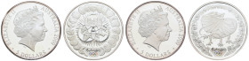 Australien
Elizabeth II. 1952 - 2022 5 Dollars (2x) 2000 2 Issues of the Olympic Games Sydney 2000, 1) Frill-necked lizard KM 379, 2) 3 radiant circu...