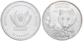 Kongo
Republik Zaire 20 Francs (3) 2019 Predatoren, Der Wolf, 3 gleiche Stücke á 1 oz Feinsilber, je mit CoA und Etui PP
