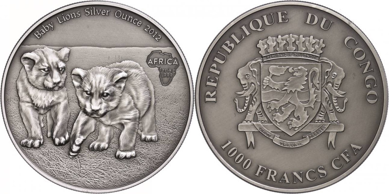 Kongo
Republik 2013 1.000 Francs, 2013, Africa - Babylöwen, 1 Unzen Silber, Ant...