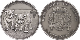 Kongo
Republik 2013 1.000 Francs, 2013, Africa - Babylöwen, 1 Unzen Silber, Antik finish, in Kapsel mit Zertifikat, st. Auflage nur 2.000 Stück.