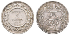 Tunesien
Mohamed el Hadi Bey, 1902-1906 2 Francs 1904 A Gereinigt, winziger Einschlag auf Zahlseite, jedoch schöner Metallglanz vorhanden mit sehr sc...