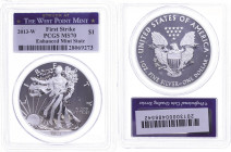 USA
Republik 2013 1 Dollar, 2013, W, Silver Eagle, in Slab der PCGS mit der Bewertung MS70, Enhanced Mint State, First Strike, West Point Mint Label.