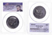 USA
Republik 2014 1/2 Dollar, 2014, D, Kennedy, in Slab der PCGS mit der Bewertung SP70, UNC Set, Kennedy Label.