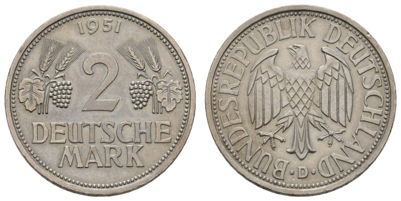 Bundesrepublik (DM)
 1951 ff. Schönes kleines Lot von 10 Kursmünzen: 4x 2 DM 19...