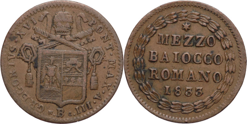 Stato Pontificio - 1/2 Baiocco 1833 - Gregorio XVI (1831 - 1846) - zecca di Bolo...