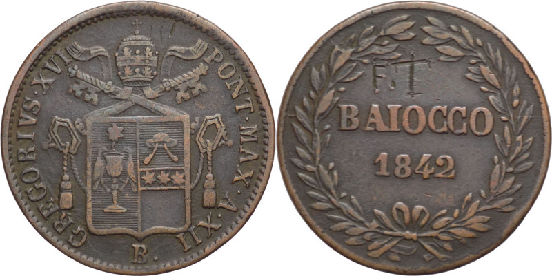 Stato Pontificio - 1 Baiocco 1842 - Gregorio XVI (1831 - 1846) - II° tipo - zecc...