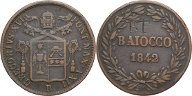 Stato Pontificio - 1 Baiocco 1842 - Gregorio XVI (1831 - 1846) - II° tipo - zecca di Bologna - XII - Gr. 9,20 - Cu - Gig. 173 - incisioni sul rovescio...