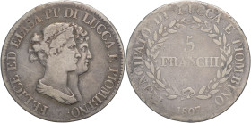 Lucca e Piombino - 5 franchi 1807 - Elisa Bonaparte e Felice Baciocchi (1805-1814) - III° tipo busti medi - zecca di Firenze - Ag. - Gig. 4 - patina s...