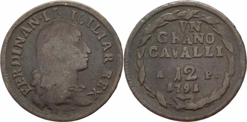 Napoli - Ferdinando IV (1759-1816) - 1 grano da 12 Cavalli 1791 - Cu - gr.5,25
...