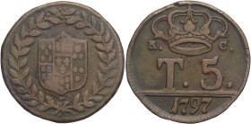 Napoli - 5 Tornesi 1797 - Ferdinando IV (1759-1816) - I° tipo - Cu.- gr. 13,66 - Gig. 122 

SPL

SPEDIZIONE SOLO IN ITALIA - SHIPPING ONLY IN ITAL...