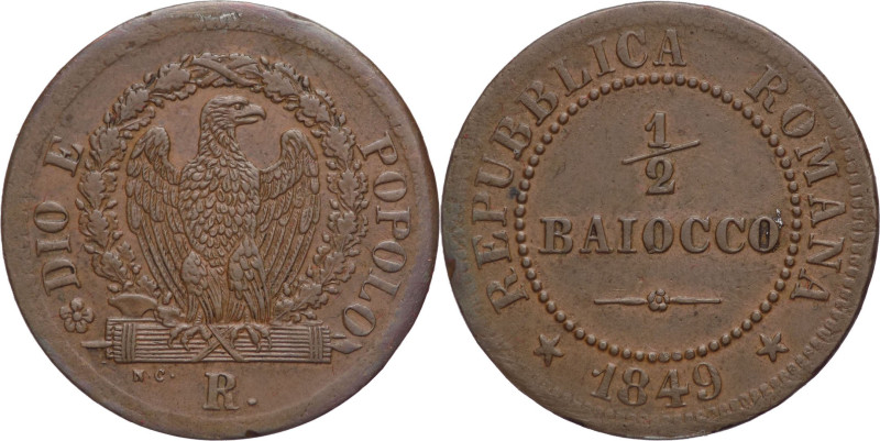 Seconda Repubblica Romana - 1/2 Baiocco 1849 - Cu - zecca di Roma - Gig. 10 - co...