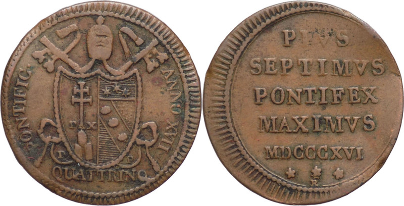 Stato Pontificio - 1 Quattrino 1816 - Pio VII (1800 - 1823) - III° tipo - XVII -...